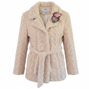 Sisters Outerwear Ivory Faux Fur Jacket Medium Belt & Rose Accent